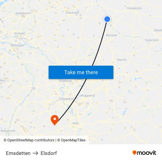 Emsdetten to Elsdorf map