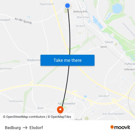 Bedburg to Elsdorf map