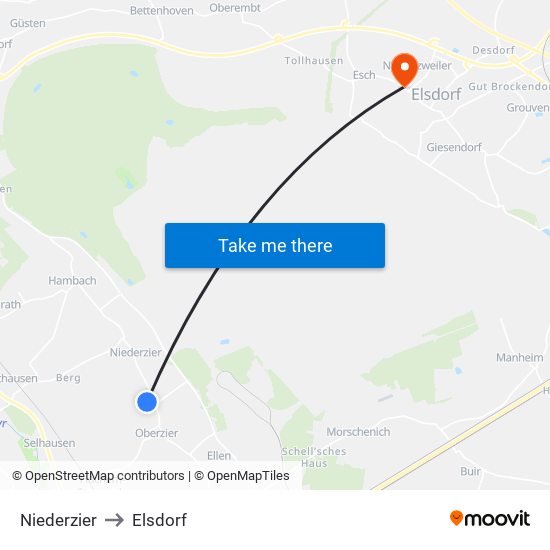Niederzier to Elsdorf map