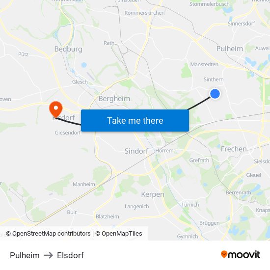 Pulheim to Elsdorf map