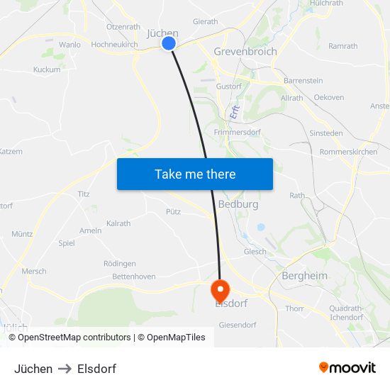 Jüchen to Elsdorf map