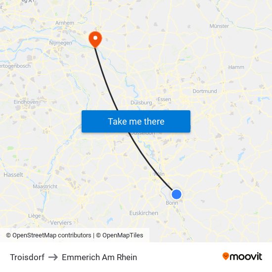 Troisdorf to Emmerich Am Rhein map