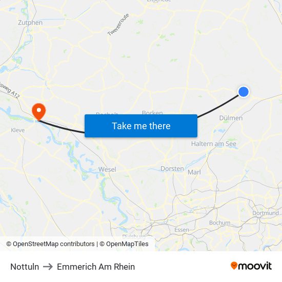 Nottuln to Emmerich Am Rhein map