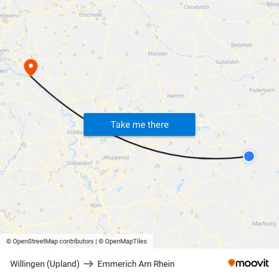 Willingen (Upland) to Emmerich Am Rhein map