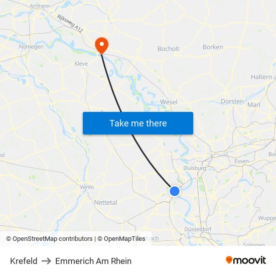 Krefeld to Emmerich Am Rhein map