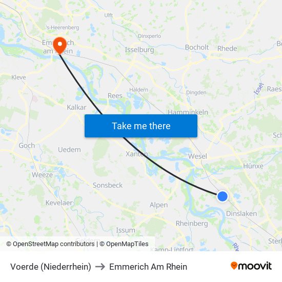 Voerde (Niederrhein) to Emmerich Am Rhein map