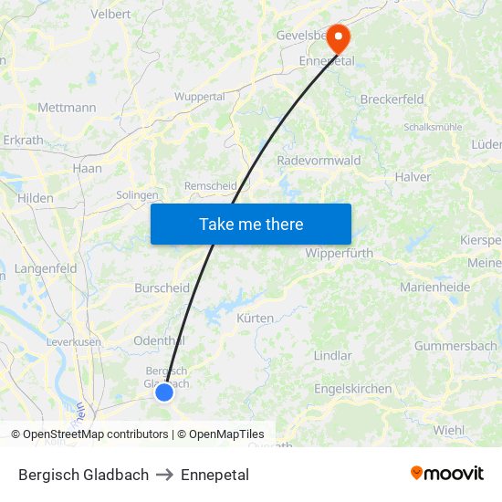 Bergisch Gladbach to Ennepetal map