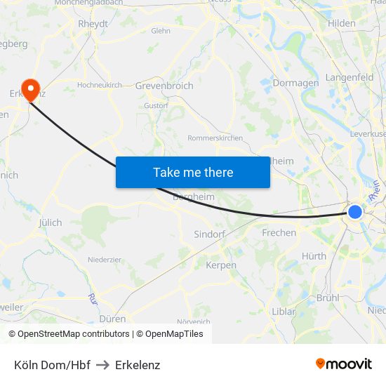 Köln Dom/Hbf to Erkelenz map