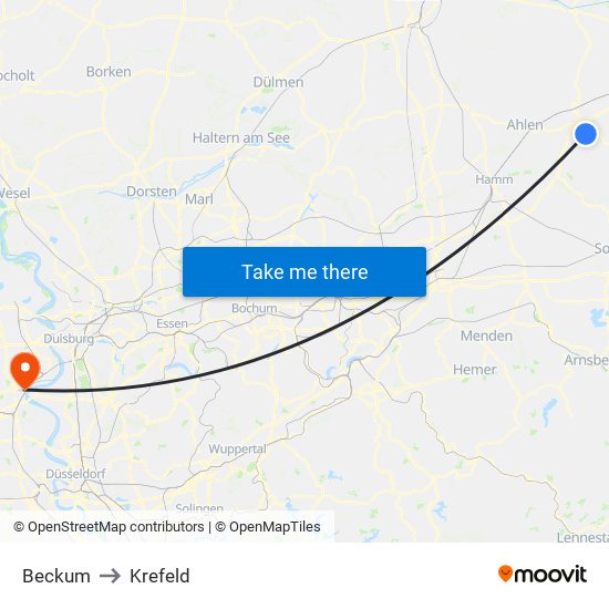 Beckum to Krefeld map