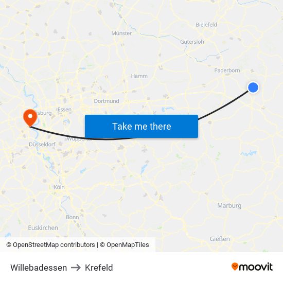 Willebadessen to Krefeld map