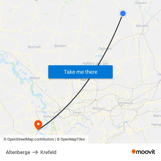 Altenberge to Krefeld map