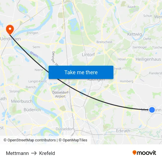 Mettmann to Krefeld map