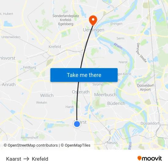 Kaarst to Krefeld map
