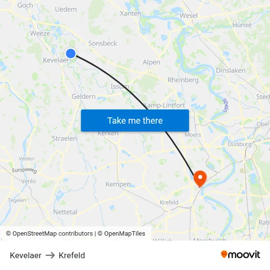 Kevelaer to Krefeld map