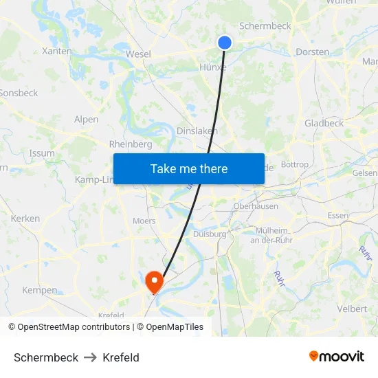 Schermbeck to Krefeld map