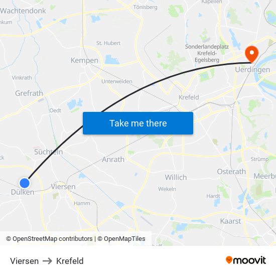 Viersen to Krefeld map