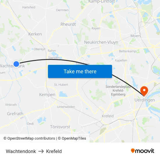 Wachtendonk to Krefeld map