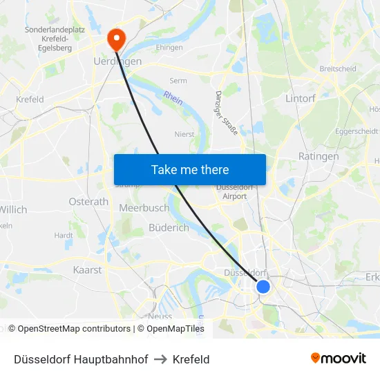 Düsseldorf Hauptbahnhof to Krefeld map