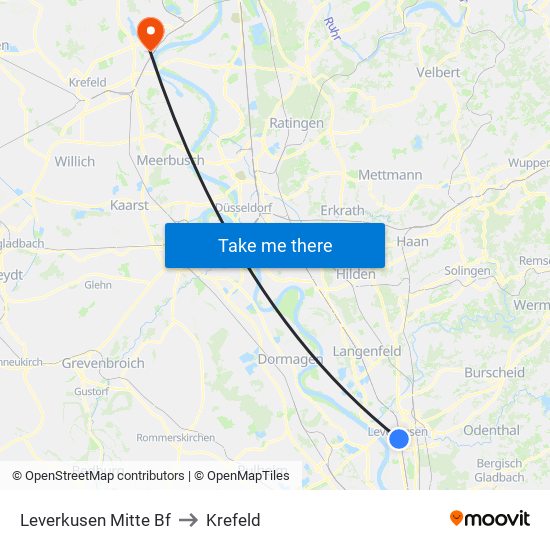 Leverkusen Mitte Bf to Krefeld map