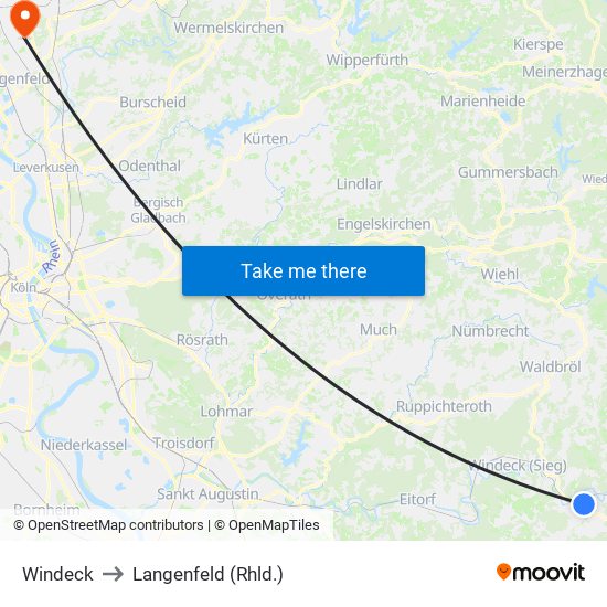 Windeck to Langenfeld (Rhld.) map