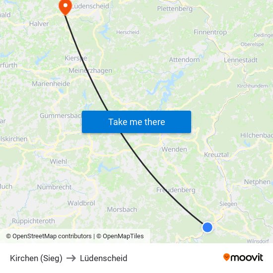 Kirchen (Sieg) to Lüdenscheid map