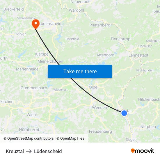 Kreuztal to Lüdenscheid map