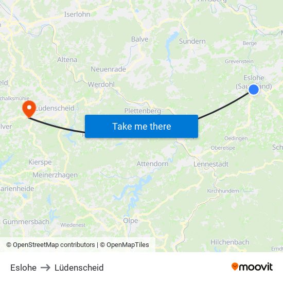 Eslohe to Lüdenscheid map