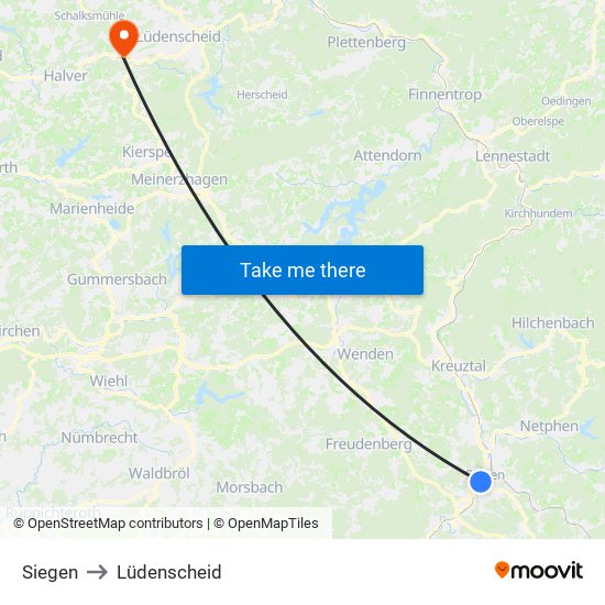 Siegen to Lüdenscheid map