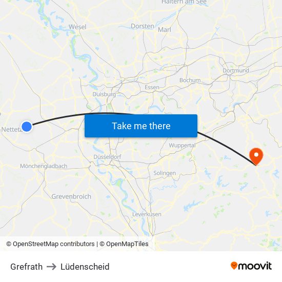 Grefrath to Lüdenscheid map