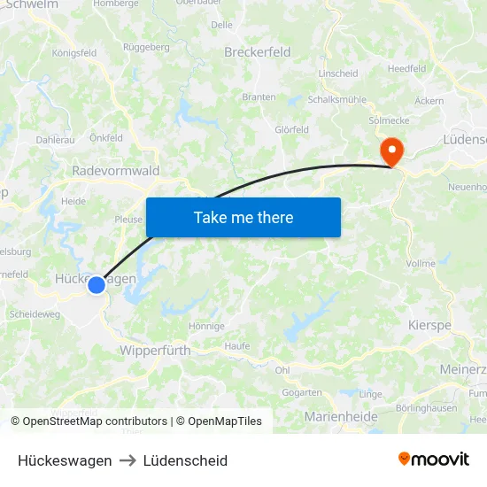 Hückeswagen to Lüdenscheid map