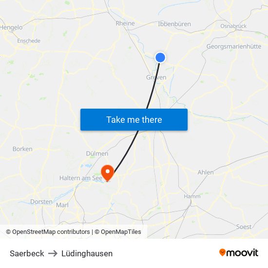 Saerbeck to Lüdinghausen map