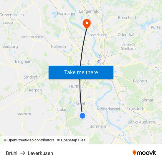 Brühl to Leverkusen map