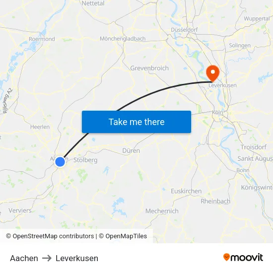 Aachen to Leverkusen map