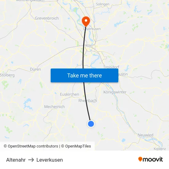 Altenahr to Leverkusen map