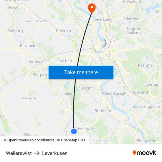 Weilerswist to Leverkusen map