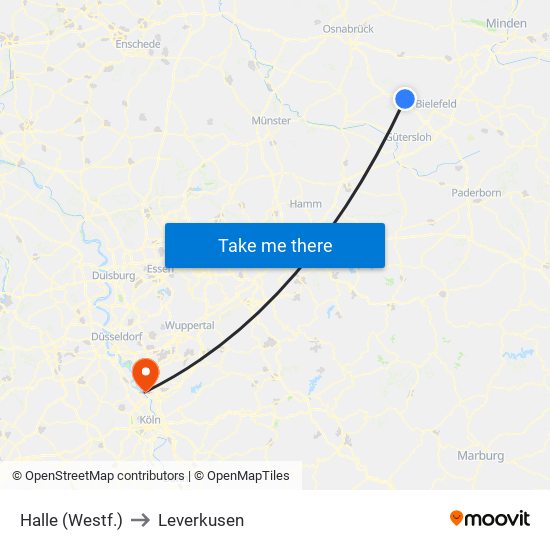 Halle (Westf.) to Leverkusen map