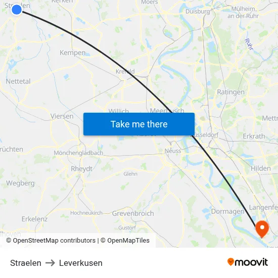 Straelen to Leverkusen map