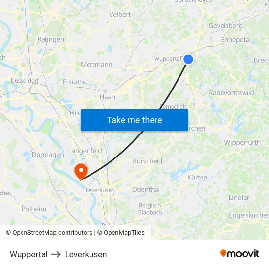 Wuppertal to Leverkusen map