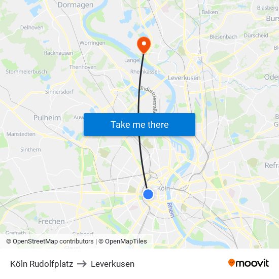 Köln Rudolfplatz to Leverkusen map