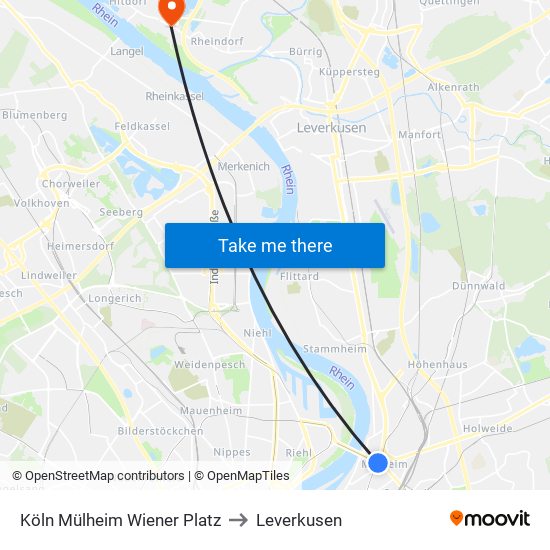 Köln Mülheim Wiener Platz to Leverkusen map