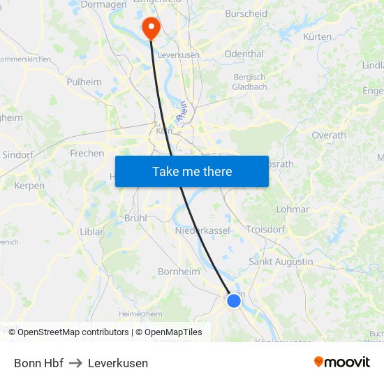 Bonn Hbf to Leverkusen map