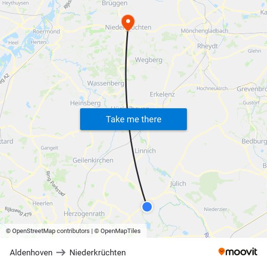 Aldenhoven to Niederkrüchten map