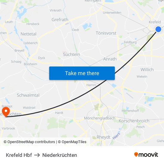 Krefeld Hbf to Niederkrüchten map