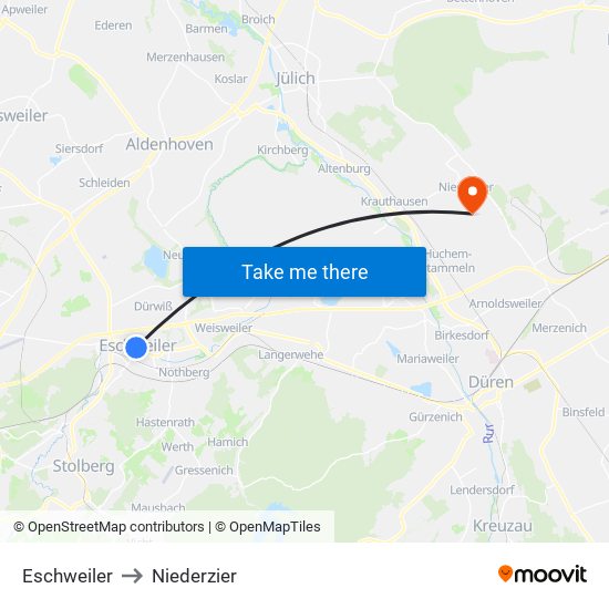 Eschweiler to Niederzier map