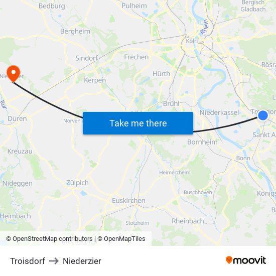 Troisdorf to Niederzier map