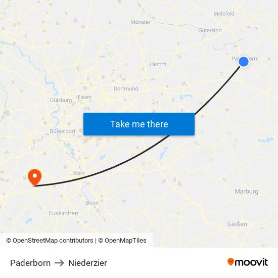 Paderborn to Niederzier map