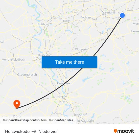 Holzwickede to Niederzier map