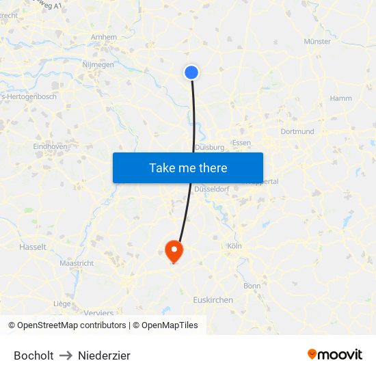 Bocholt to Niederzier map