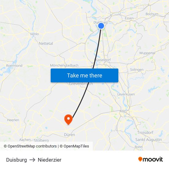 Duisburg to Niederzier map