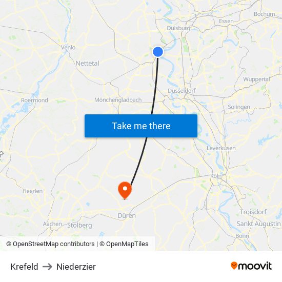 Krefeld to Niederzier map